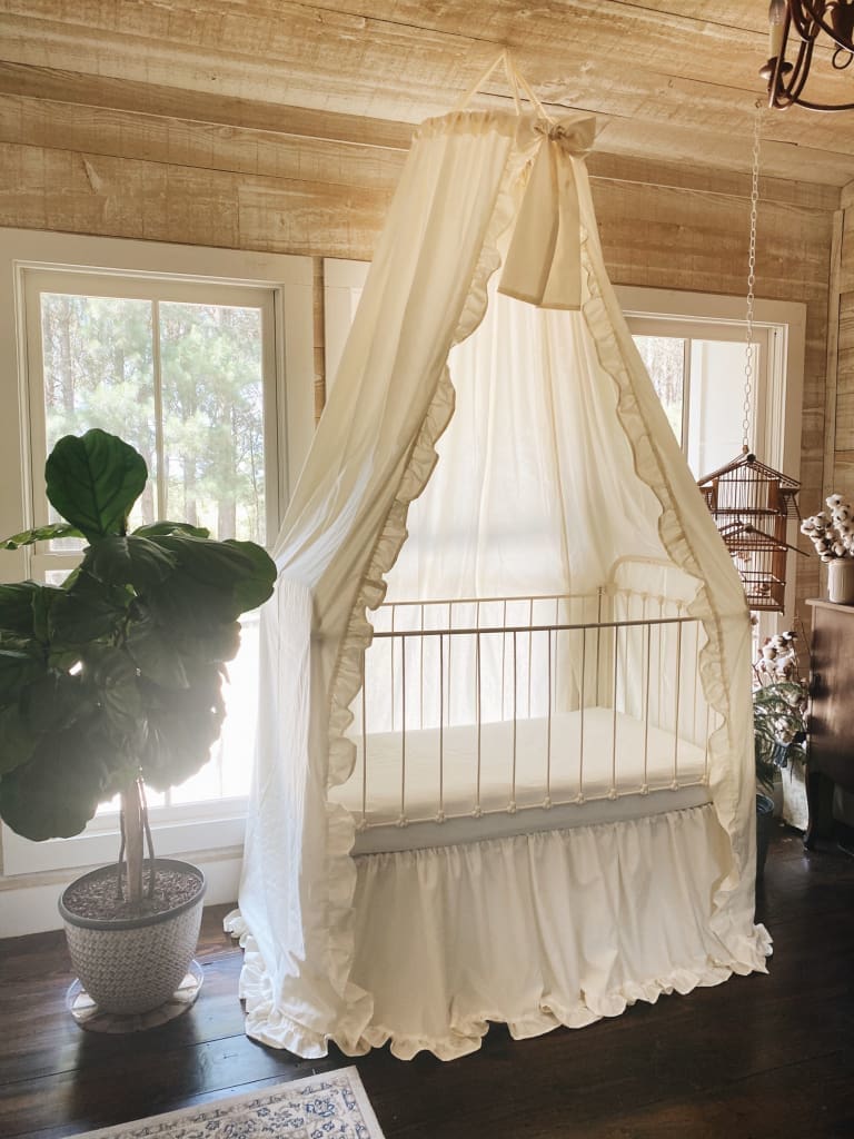 Ivory Farmhouse Ruffled Crib Canopy Set High Cotton Textile