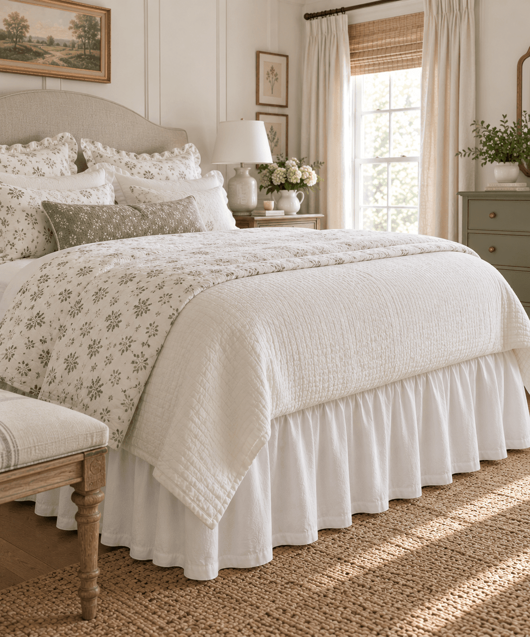 A bed dressed in a white farmhouse bed skirt by High Cotton Textile with a cream quilted coverlet, in a warm neutral bedroom