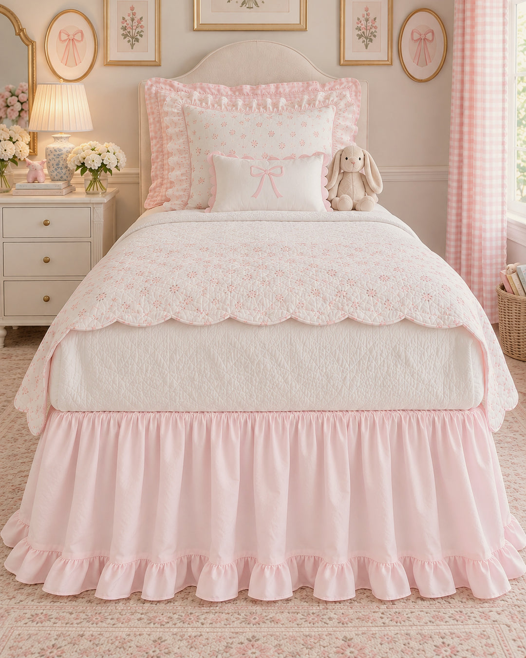 Baby pink ruffled cotton twin bed skirt seen straight on from the foot of a big kid bed - High Cotton Textile