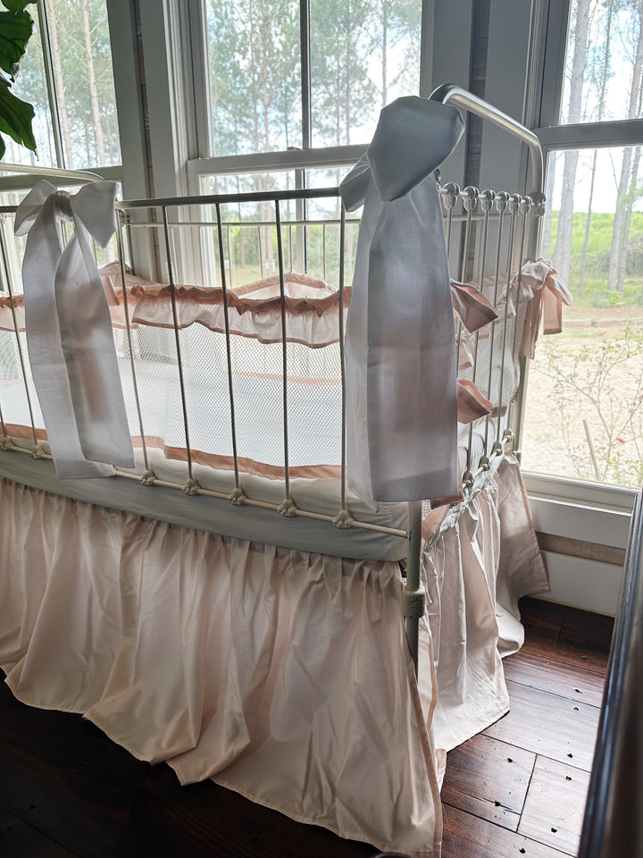 Farmhouse crib skirt with split corners and 20” drop