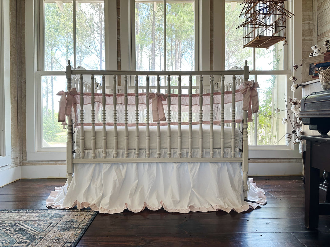 White & Pink Mesh Crib Liner Set + Ruffled Crib Skirt | Safe Sleep Bumper Alternative | Baby Girl Nursery | Handmade
