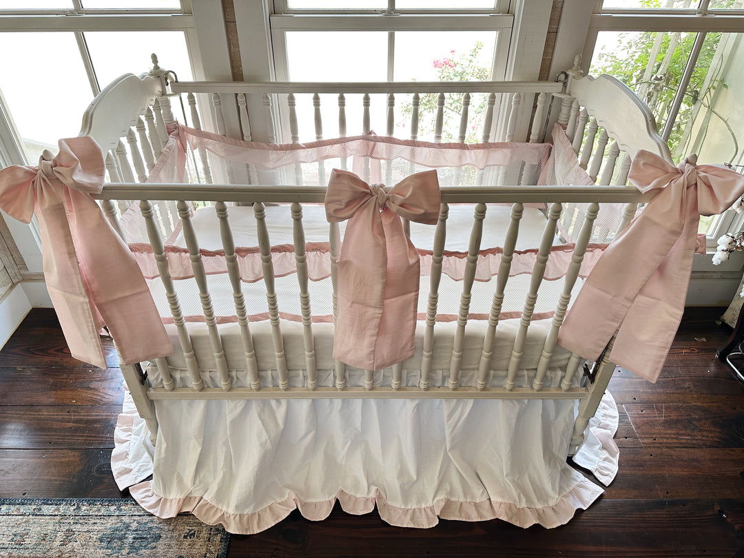 White & Baby Pink Ruffled Mesh Crib Liner, Skirt & Bow Set | Safe Sleep Baby Girl Nursery Bedding