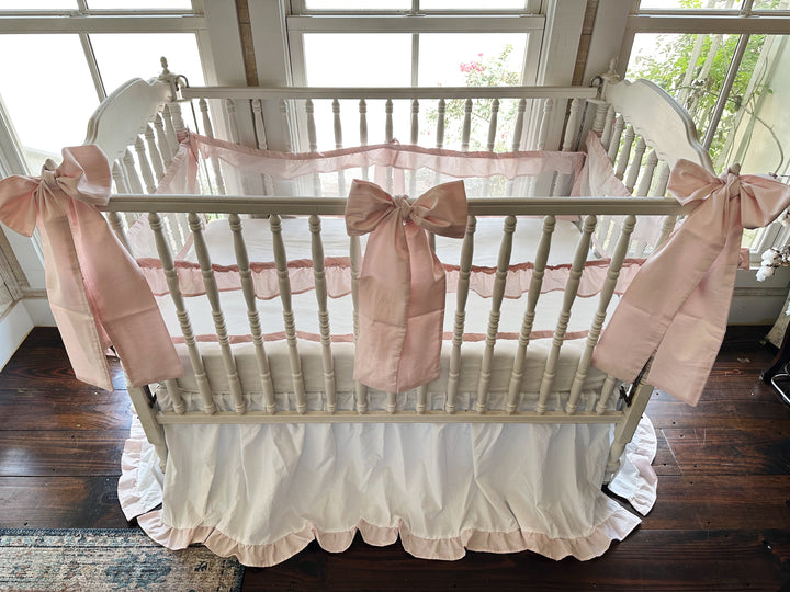 White & Baby Pink Ruffled Mesh Crib Liner, Skirt & Bow Set | Safe Sleep Baby Girl Nursery Bedding