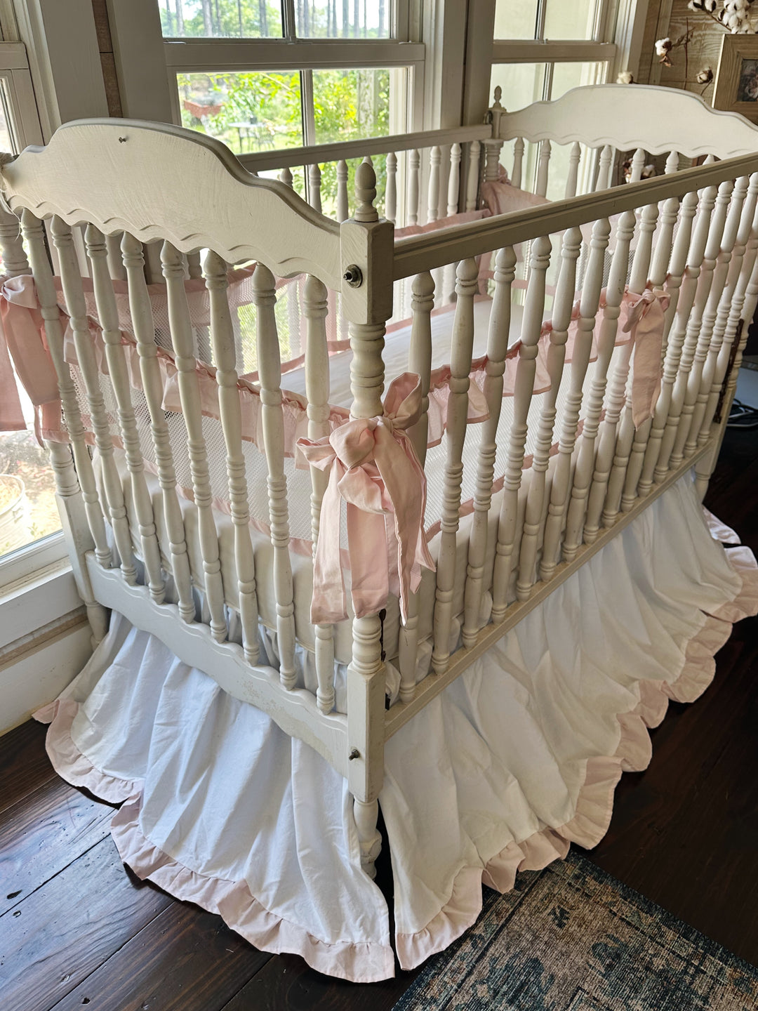White & Pink Mesh Crib Liner Set + Ruffled Crib Skirt | Safe Sleep Bumper Alternative | Baby Girl Nursery | Handmade