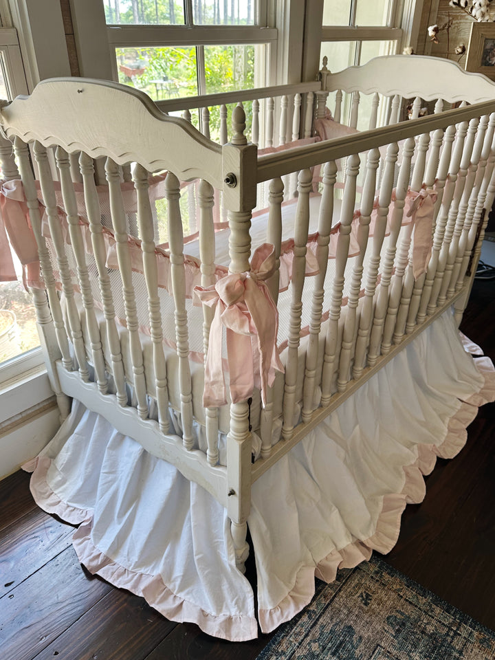 White & Pink Mesh Crib Liner Set + Ruffled Crib Skirt | Safe Sleep Bumper Alternative | Baby Girl Nursery | Handmade