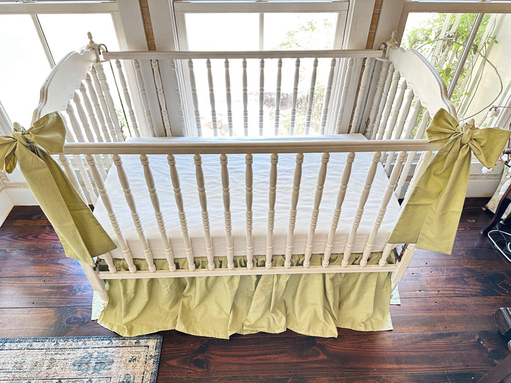 Sage Green Farmhouse Crib Bedding Set | 4-Sided Crib Skirt + 2 Large Crib Bows | Baby Boy, Baby Girl, Gender Neutral Nursery