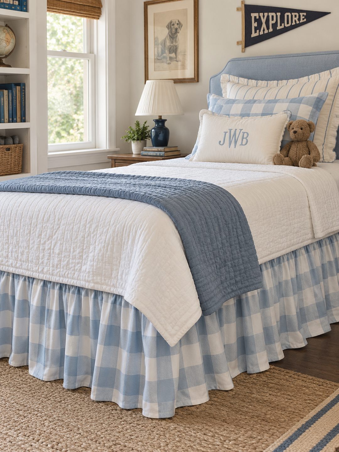 Wide view of a boy's bedroom with a blue buffalo check twin bed skirt above a jute rug - High Cotton Textile