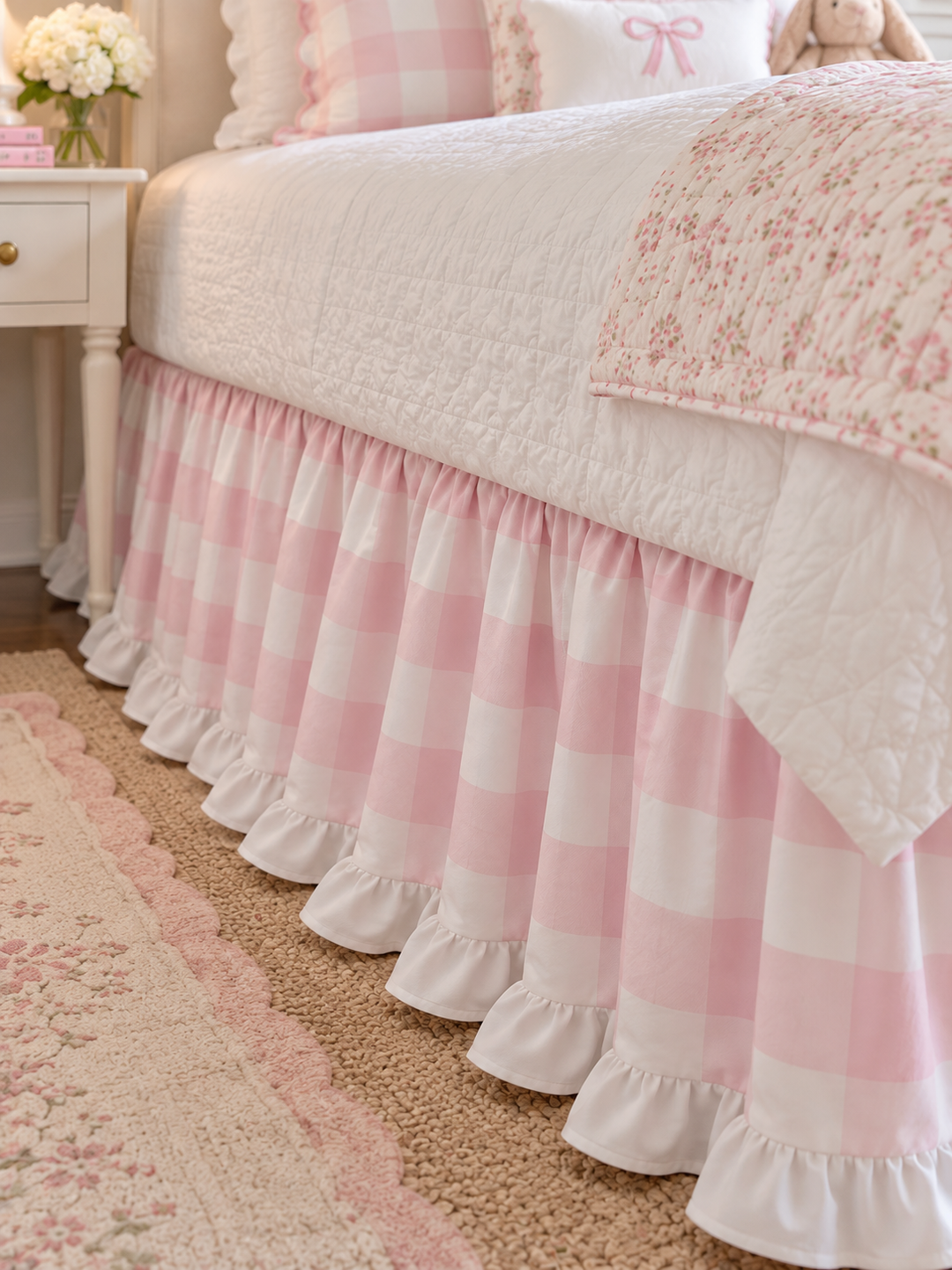 Close up of the pink buffalo check twin bed skirt showing the gathers and the white ruffle at the hem - High Cotton Textile