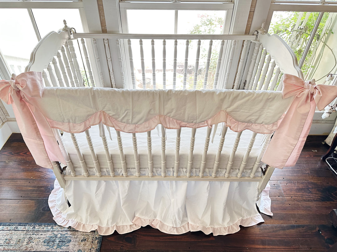 White & Baby Pink Ruffled Crib Rail Cover, Skirt & Bow Set | Baby Girl Nursery Bedding