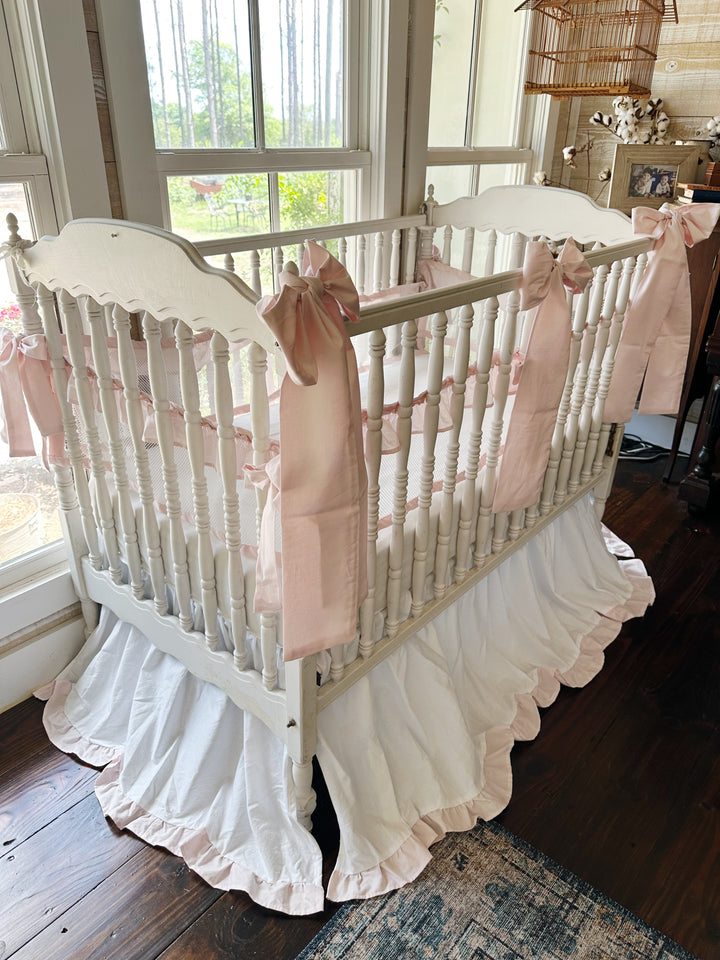 White & Baby Pink Ruffled Mesh Crib Liner, Skirt & Bow Set | Safe Sleep Baby Girl Nursery Bedding