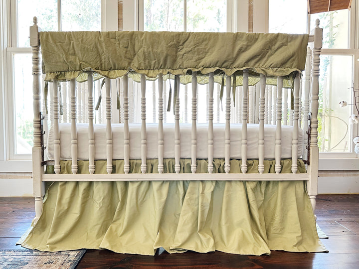 Sage Green Crib Bedding Set | Ruffled Crib Rail Cover + Farmhouse Crib Skirt | Woodland Nursery | Handmade