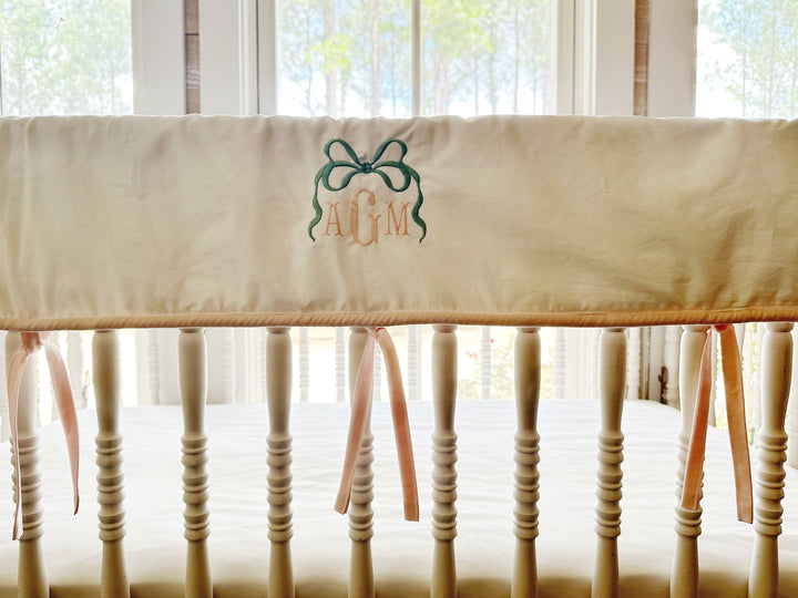 Tailored Crib Rail Cover Set — White Rail Cover with Pink Piping, Gathered Crib Skirt & Crib Bows | Baby Girl Nursery Bedding | Monogram Option