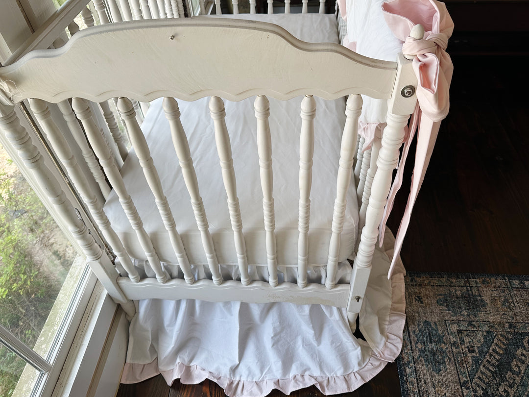 White & Baby Pink Ruffled Crib Rail Cover, Skirt & Bow Set | Baby Girl Nursery Bedding