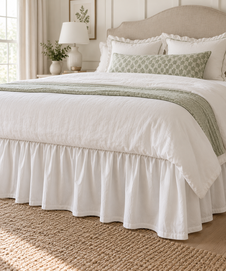 White farmhouse cotton bed skirt on a bed with a linen headboard, white duvet and sage green quilt, gathered skirt falling to a jute rug