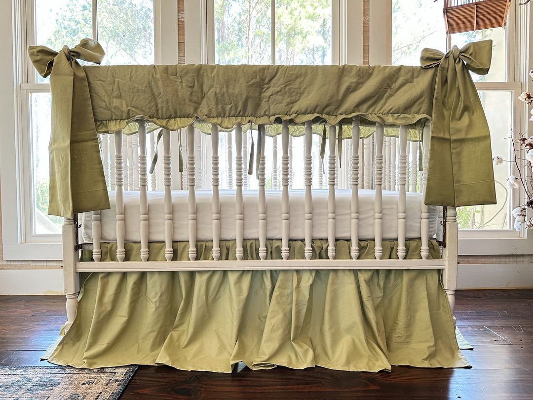 Sage Green Ruffled Crib Rail Cover, Farmhouse Skirt & Large Bow Set | Gender Neutral Baby Bedding