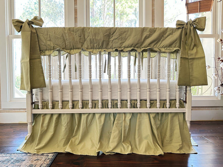 Sage Green Ruffled Crib Rail Cover, Farmhouse Skirt & Large Bow Set | Gender Neutral Baby Bedding