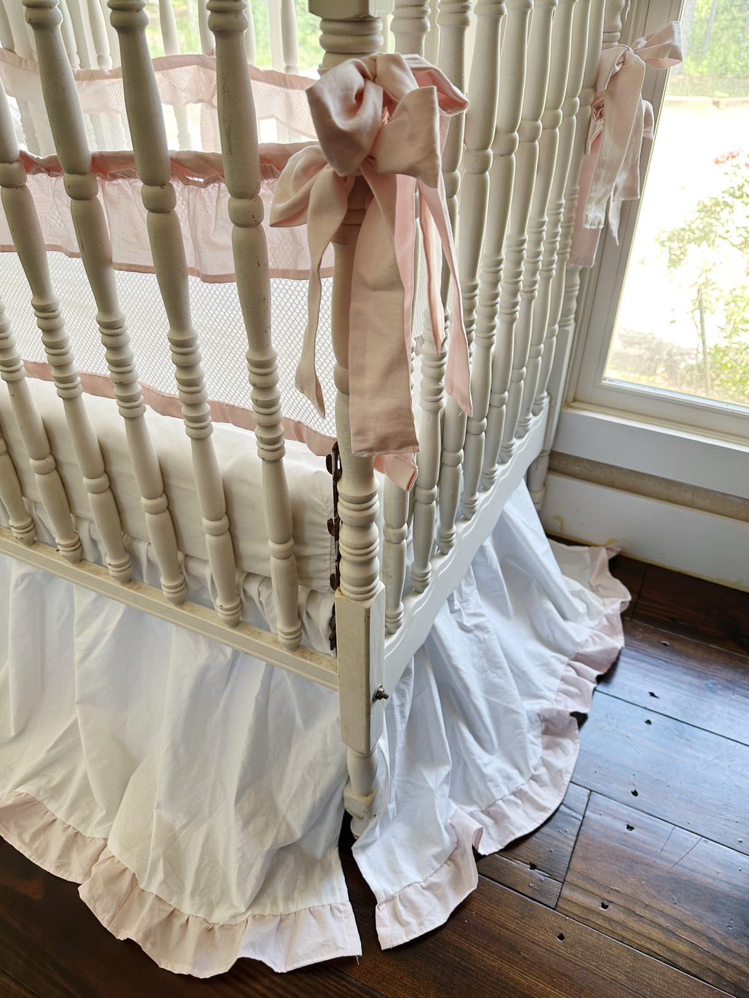 White & Pink Mesh Crib Liner Set + Ruffled Crib Skirt | Safe Sleep Bumper Alternative | Baby Girl Nursery | Handmade