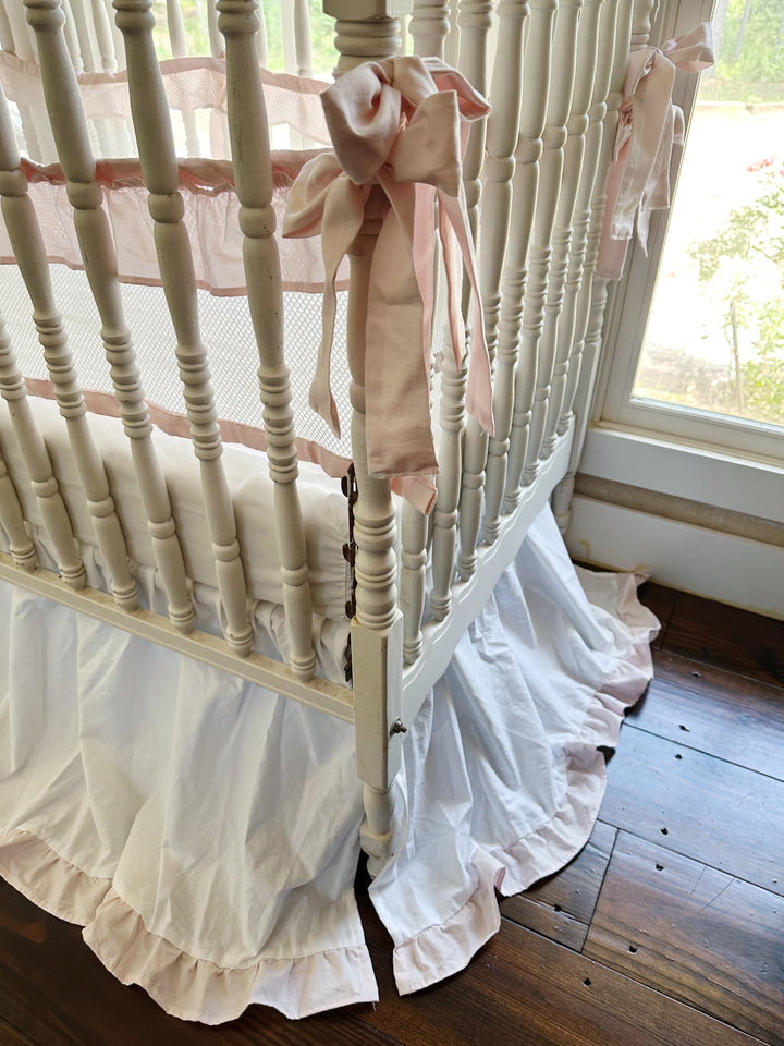 White & Pink Mesh Crib Liner Set + Ruffled Crib Skirt | Safe Sleep Bumper Alternative | Baby Girl Nursery | Handmade