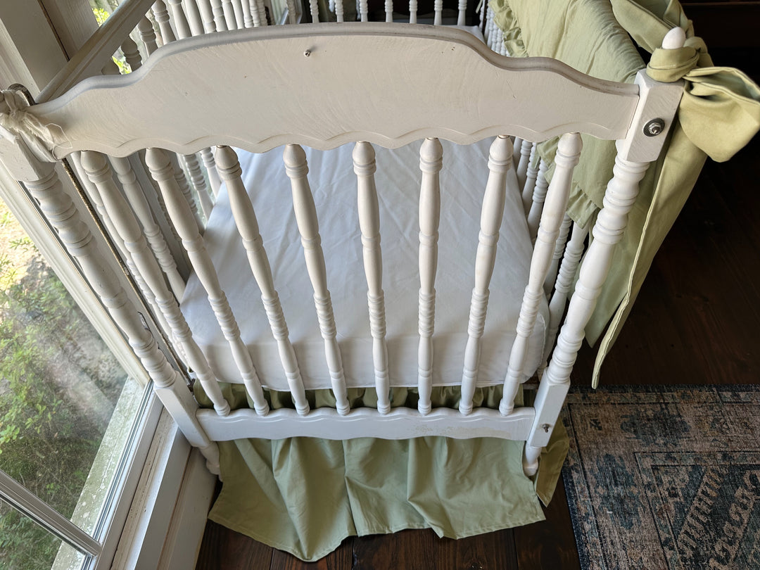 Sage Green Ruffled Crib Rail Cover, Farmhouse Skirt & Large Bow Set | Gender Neutral Baby Bedding