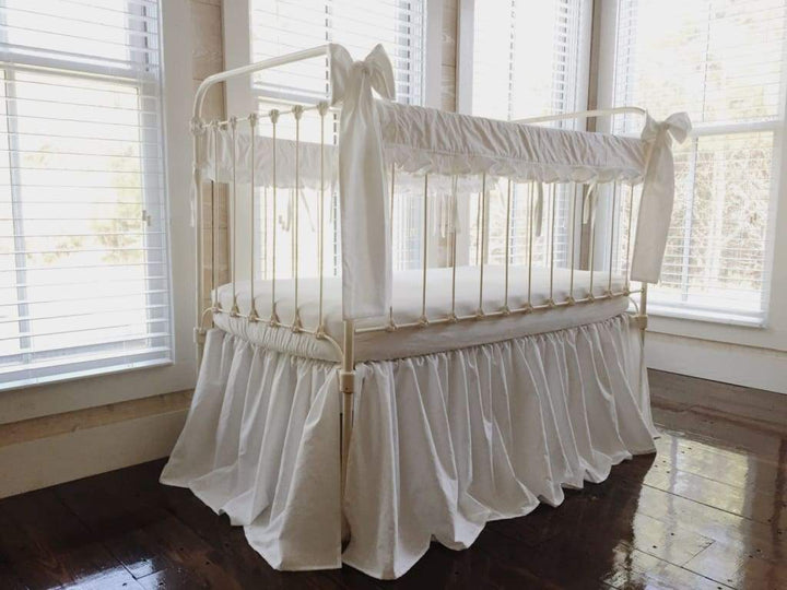 2 White Ruffled Crib Rail Covers, Farmhouse Crib Skirt & Large Bow Set handmade heirloom nursery - High Cotton Textile