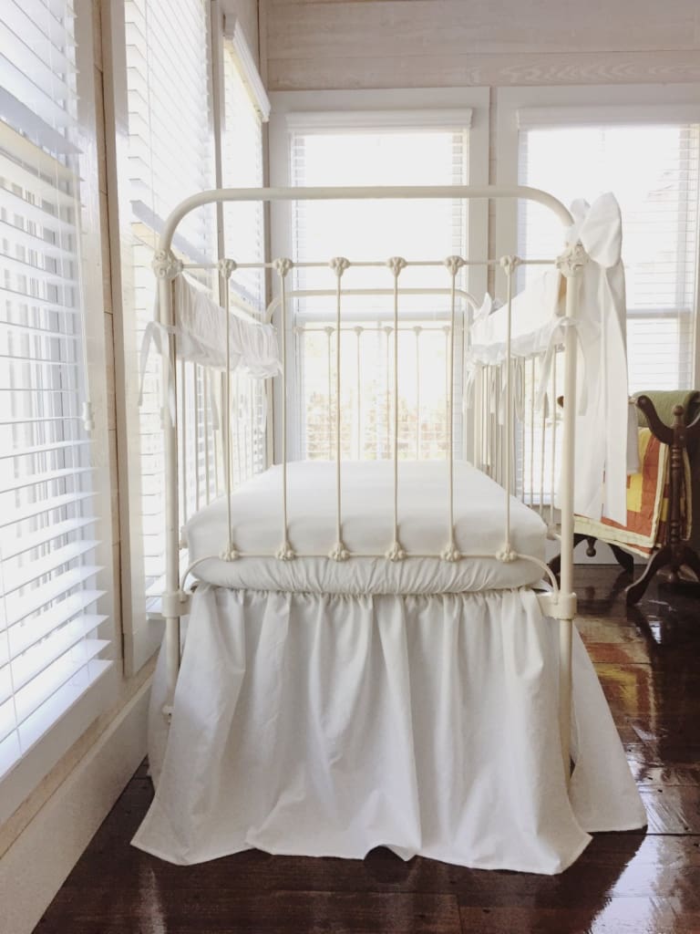 2 White Ruffled Crib Rail Covers, Farmhouse Crib Skirt & Large Bow Set handmade heirloom nursery - High Cotton Textile