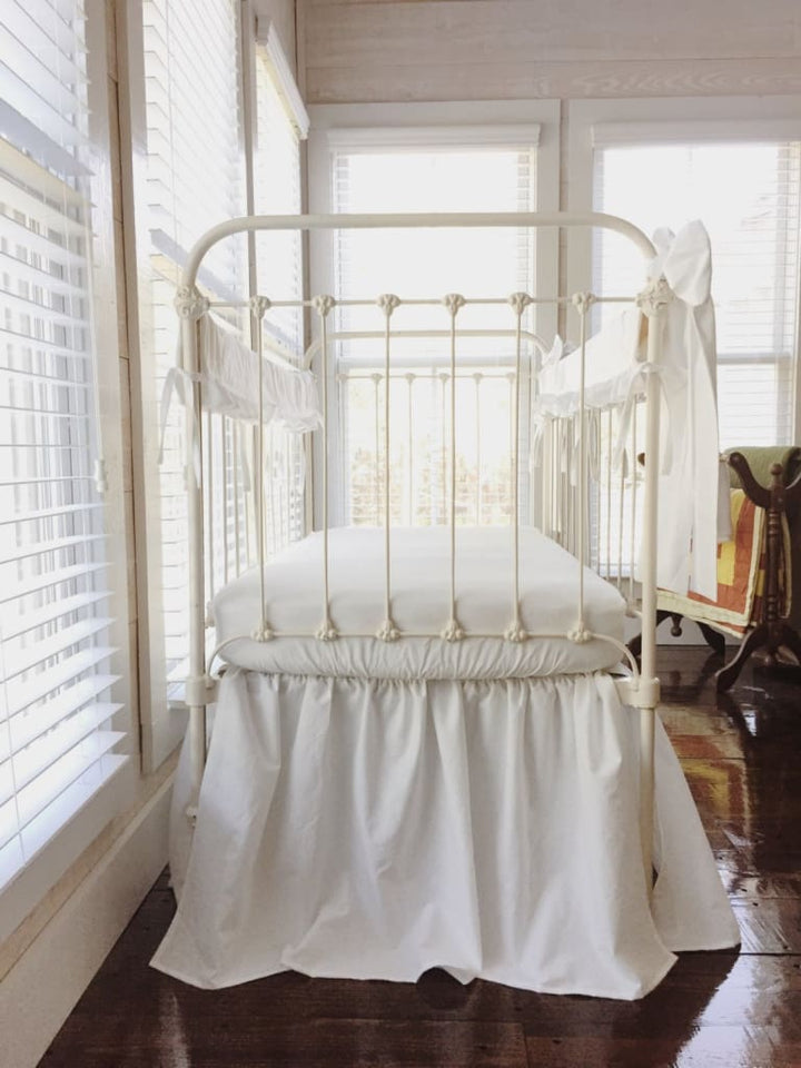 2 White Ruffled Crib Rail Covers, Farmhouse Crib Skirt & Large Bow Set handmade heirloom nursery - High Cotton Textile