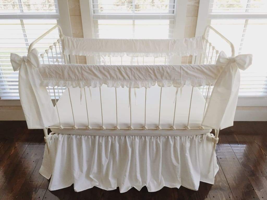 2 White Ruffled Crib Rail Covers, Farmhouse Crib Skirt & Large Bow Set handmade heirloom nursery - High Cotton Textile