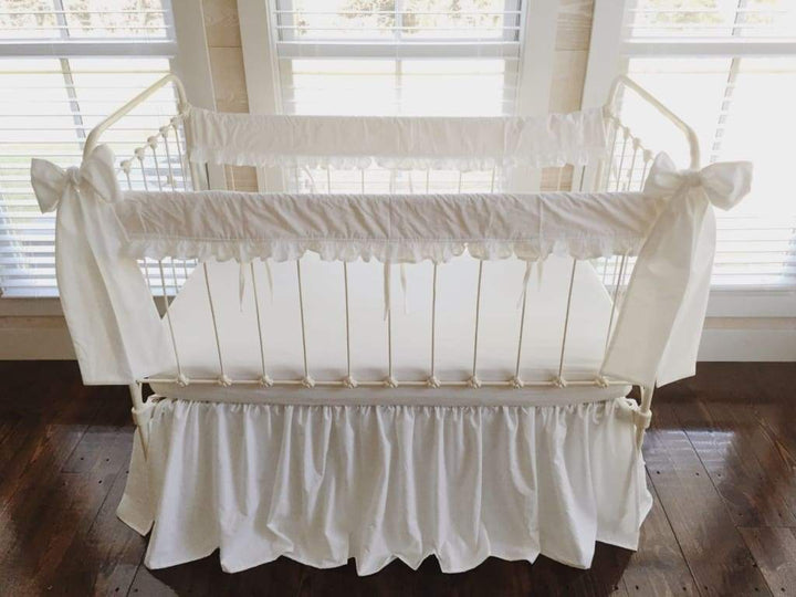 2 White Ruffled Crib Rail Covers, Farmhouse Crib Skirt & Large Bow Set handmade heirloom nursery - High Cotton Textile