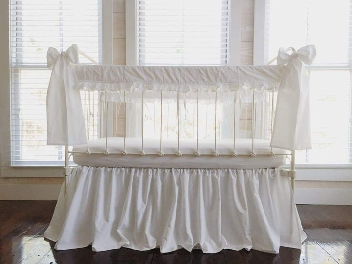 2 White Ruffled Crib Rail Covers, Farmhouse Crib Skirt & Large Bow Set handmade heirloom nursery - High Cotton Textile