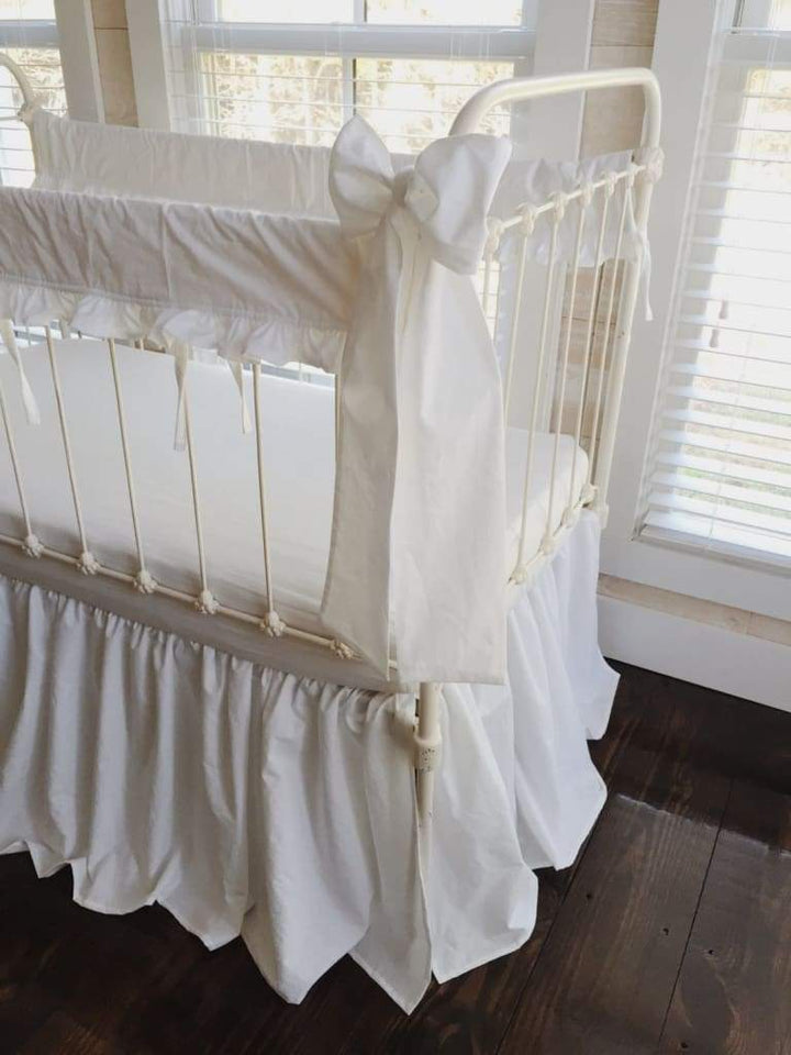 2 White Ruffled Crib Rail Covers, Farmhouse Crib Skirt & Large Bow Set handmade heirloom nursery - High Cotton Textile