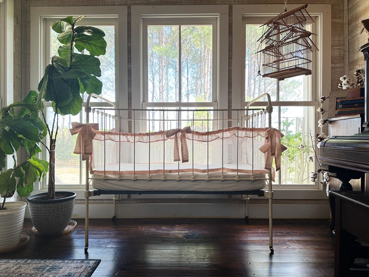 Luxury farmhouse crib bedding with ruffles and ties – safe breathable crib liner set