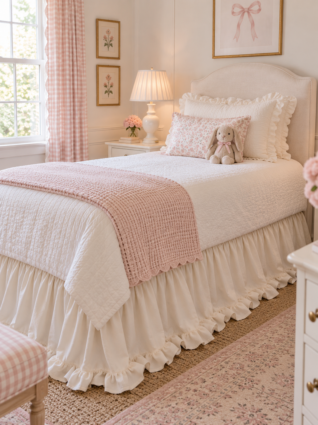 Ivory ruffled twin bed skirt in a pink gingham girl's room with a floral rug - High Cotton Textile