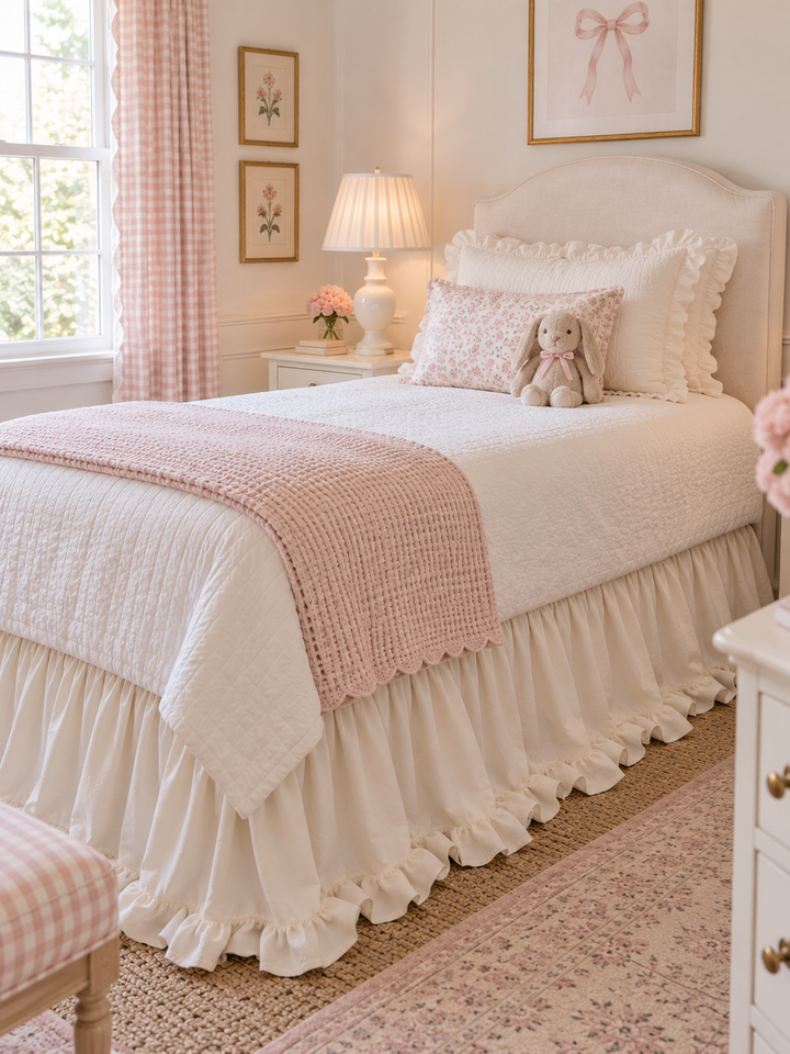 Ivory ruffled twin bed skirt in a pink gingham girl's room with a floral rug - High Cotton Textile