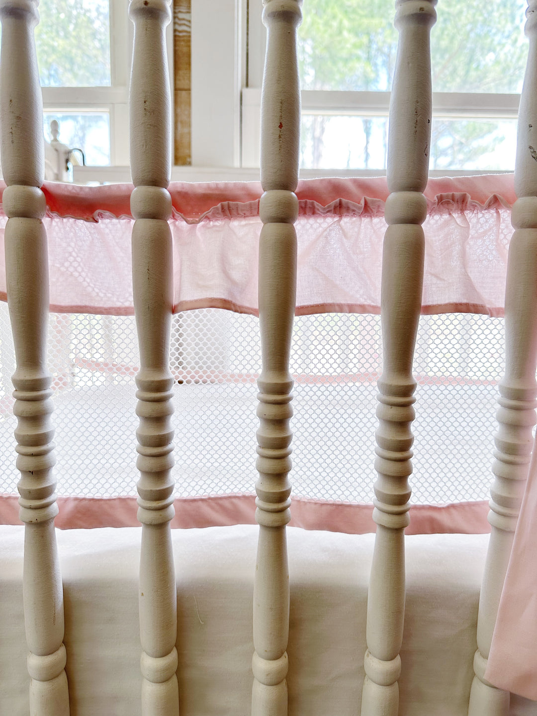 White & Baby Pink Ruffled Mesh Crib Liner, Skirt & Bow Set | Safe Sleep Baby Girl Nursery Bedding
