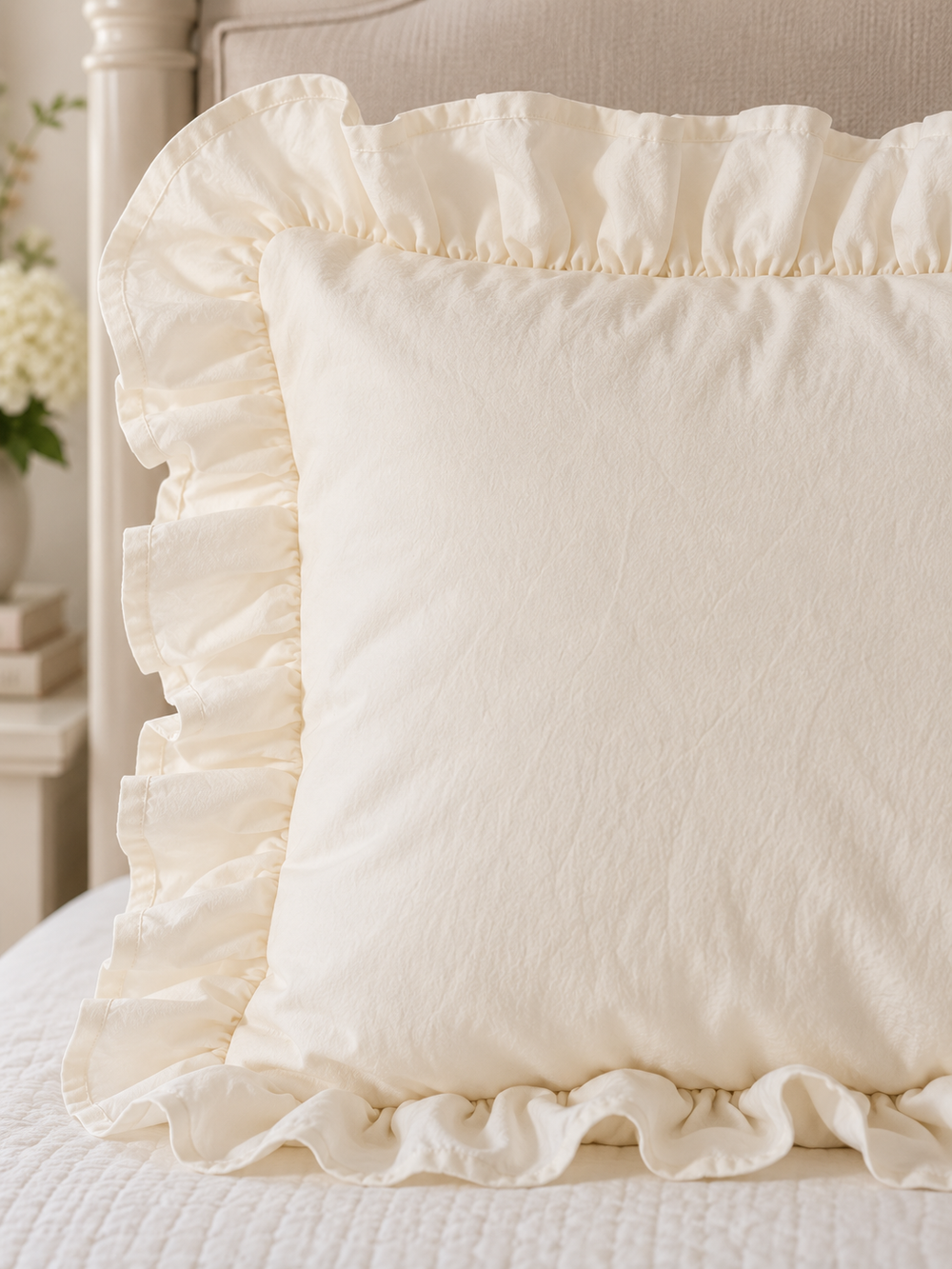 Close up of the gathered ruffle edge and washed cotton face of an ivory pillow sham - High Cotton Textile