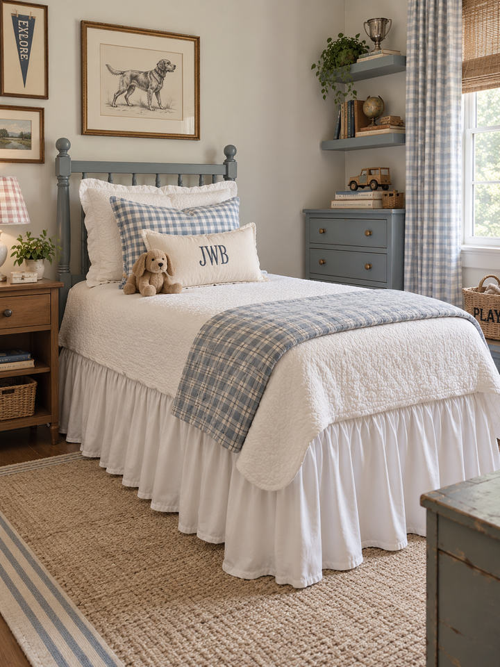White farmhouse twin bed skirt in a boy's room with a blue spindle bed and a plaid quilt - High Cotton Textile