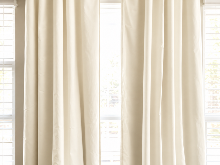 Ivory blackout panels framing a window between two white blinds on a warm grey wall