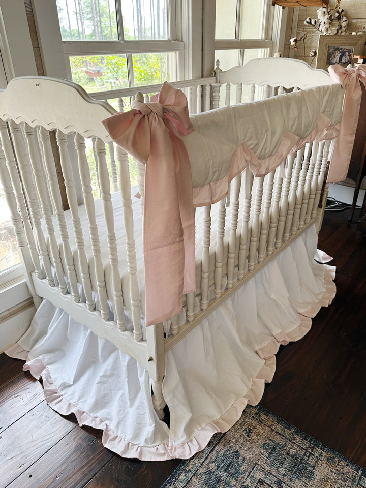 White & Baby Pink Ruffled Crib Rail Cover, Skirt & Bow Set | Baby Girl Nursery Bedding