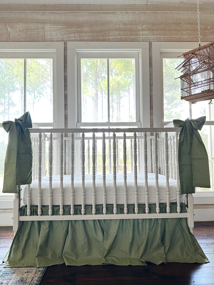 Pine green gingham farmhouse crib skirt with two large cotton crib bows, 20-inch drop