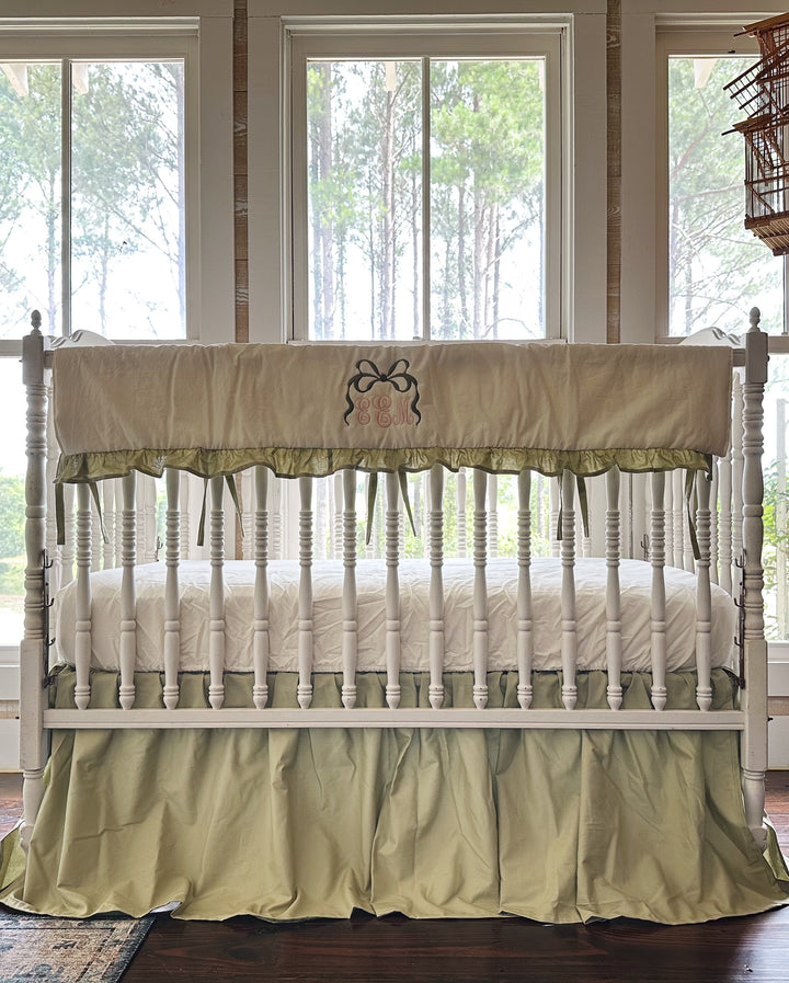 Sage Green & Ivory Crib Rail Cover + Crib Skirt Set