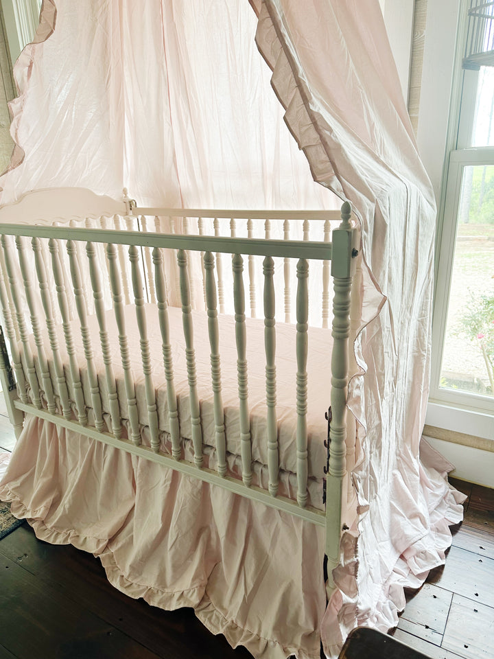 Baby Pink Ruffled Crib Canopy Set | Handmade Heirloom Nursery Bedding