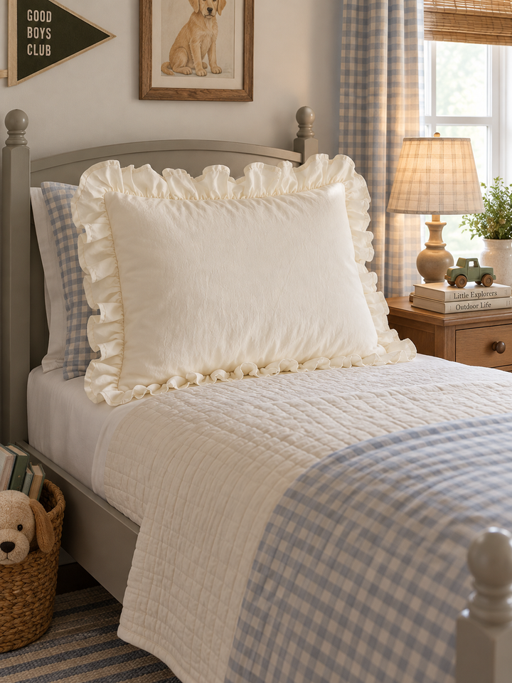 Ivory ruffled pillow sham on a twin bed in a boy's room with blue gingham bedding - High Cotton Textile