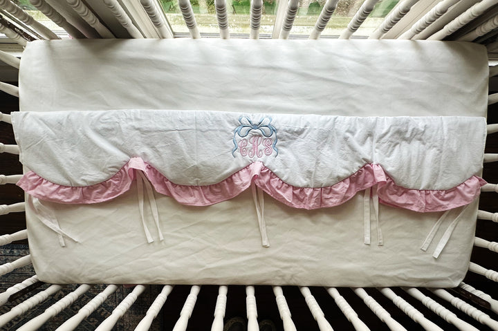 Baby Girl Crib Rail Cover – Cotton Candy Dreams Scalloped Parfait Pink Ruffle | Monogram Option