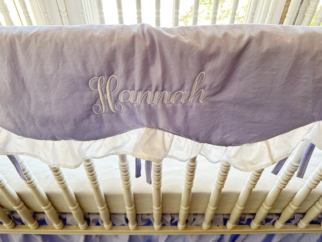 Lavender Scalloped Crib Rail Cover & Farmhouse Skirt Set | Personalized Baby Girl Nursery Bedding