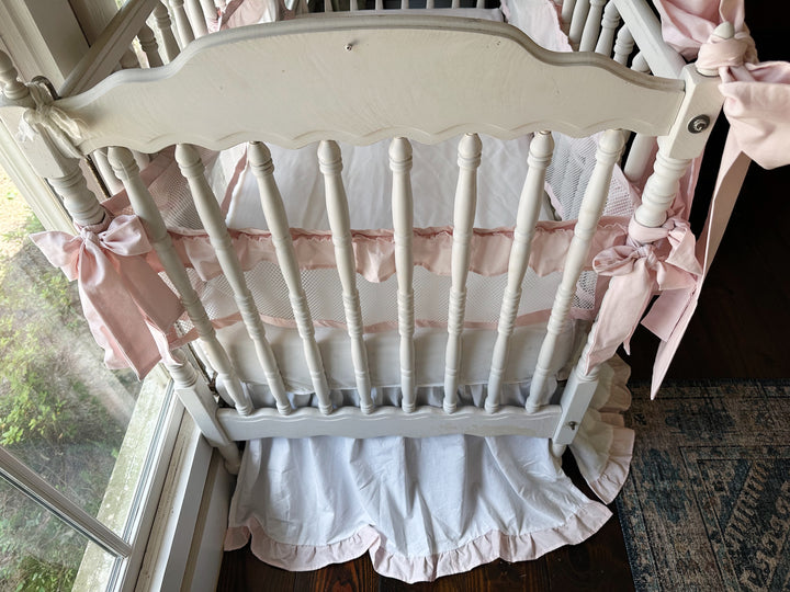 White & Baby Pink Ruffled Mesh Crib Liner, Skirt & Bow Set | Safe Sleep Baby Girl Nursery Bedding