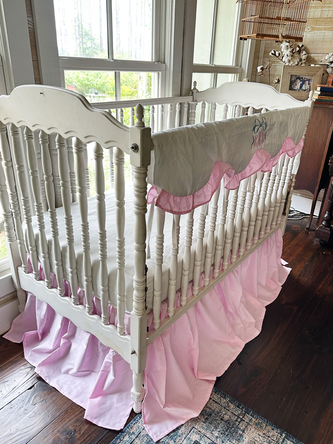 Baby Girl Crib Bedding Set – Cotton Candy Dreams Parfait Pink Ruffled Crib Rail Cover and Crib Skirt | Monogram Option