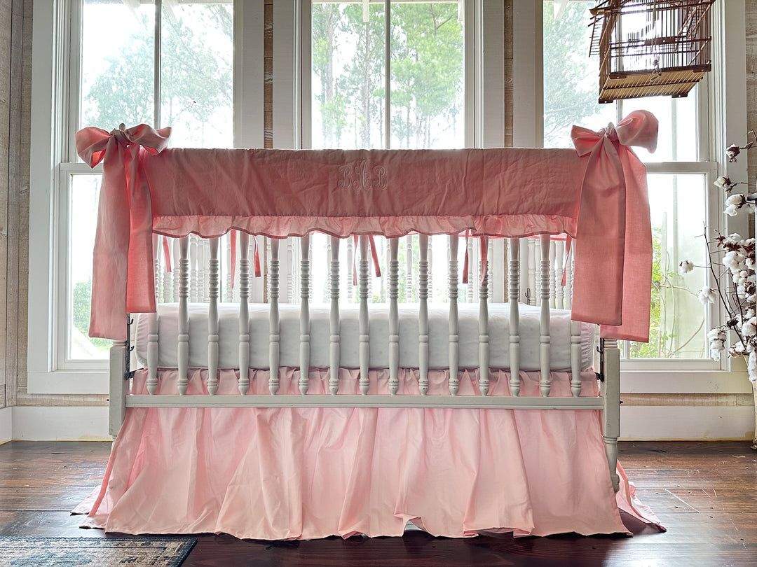 Sisters Pink Ruffled Crib Rail Cover Set with Crib Skirt and Crib Bows