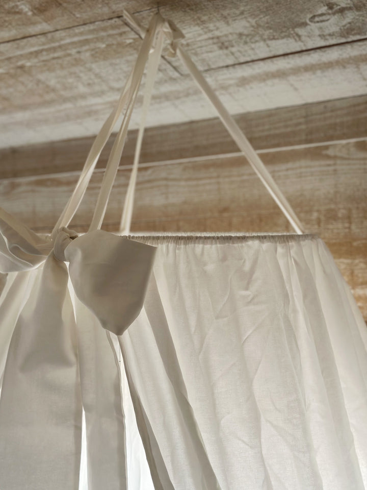 White Crib Canopy — Floor-Length Farmhouse Nursery Drape with Bow