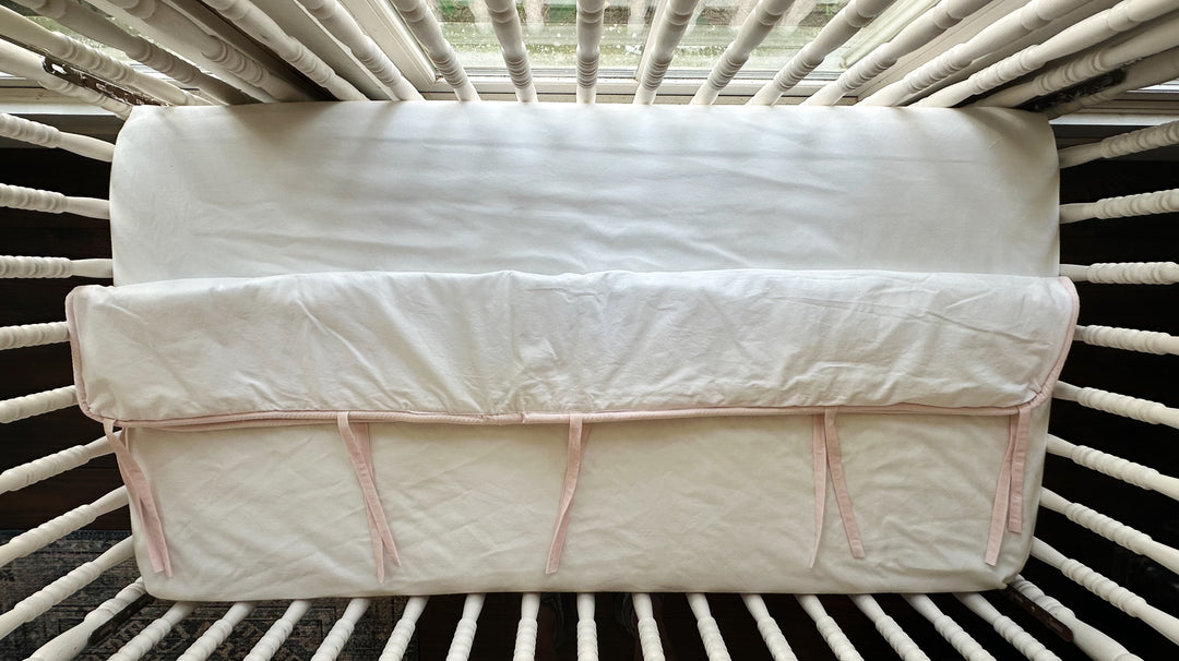 Tailored Crib Rail Cover Set — White Rail Cover with Pink Piping, Gathered Crib Skirt & Crib Bows | Baby Girl Nursery Bedding | Monogram Option