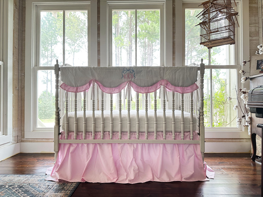 Baby Girl Crib Bedding Set – Cotton Candy Dreams Parfait Pink Ruffled Crib Rail Cover and Crib Skirt | Monogram Option